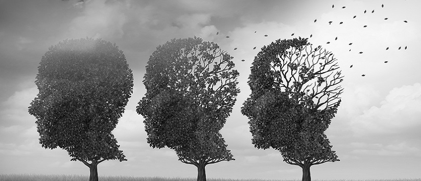 Abstract image of three heads looking like trees with their leaves blowing away, dementia, Alzheimer's disease