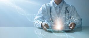 doctor using tablet, health technology, digital health and care