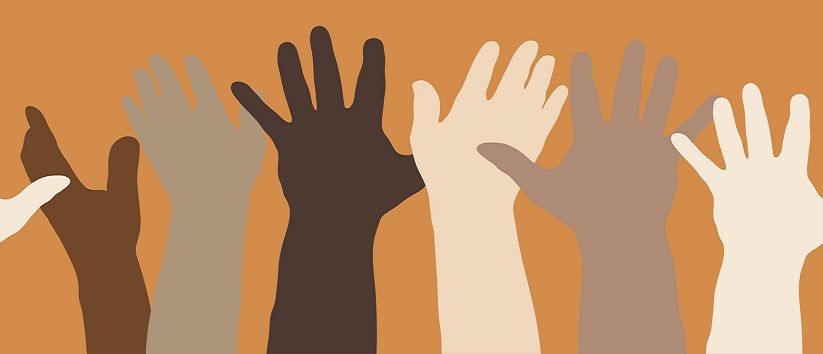 Vector illustration of hands raised up, to express volunteerism, multiethnicity, equality, racial and social issues, health disparities
