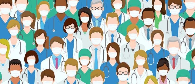 Group of healthcare workers in medical masks, junior doctors