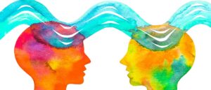 Watercolor painting of two people speaking, mental health services