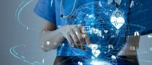 Abstract image of nurse holding medical icons