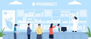 Pharmacy store, retail in clinic. Drugstore customer waiting line, medical seller or pharmacist. Woman buy medications, tablets, recent vector scene of drugstore retail illustration