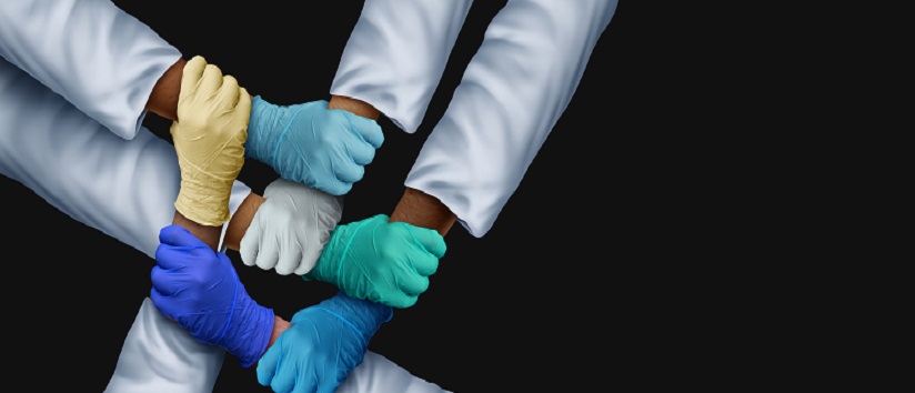 Doctors working together and medical teamwork and health workers unity and global healthcare partnership as a group of diverse medics connected together on a black background in a 3D illustration style.